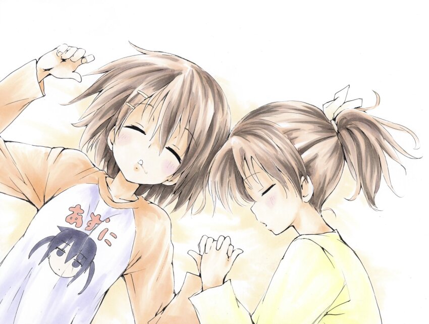 1girl 2girls brown_hair closed_eyes clothes_writing hair_ornament hairclip highres hirasawa_ui hirasawa_yui holding_hands interlocked_fingers k-on! lying multiple_girls nakano_azusa ponytail raglan_sleeves shiki_59 short_hair siblings sisters sleeping twintails