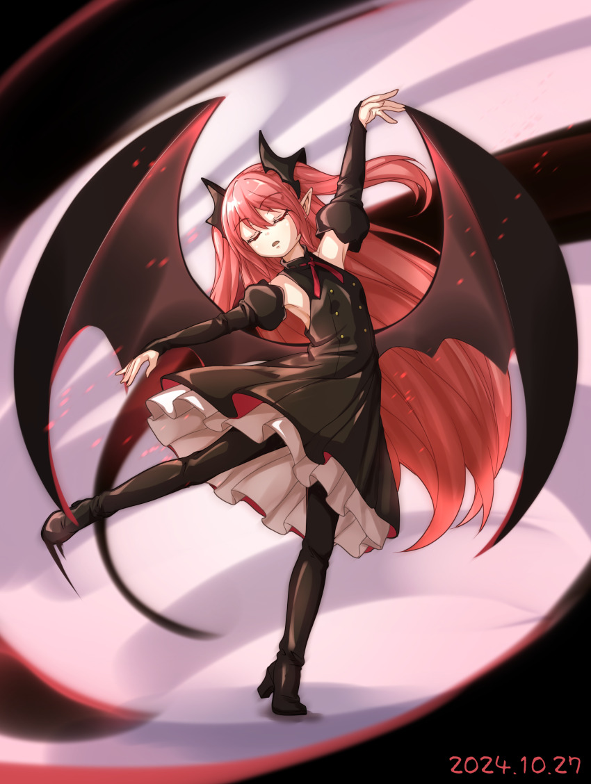 1girl 2024 absurdres arm_up black_dress black_footwear black_sleeves black_wings boots buttons closed_eyes commentary dancing dated demon_wings detached_sleeves double-breasted dress full_body hair_between_eyes hair_ornament high_heel_boots high_heels highres juliet_sleeves krul_tepes kyuutou_(kyuutouryuu) layered_dress long_hair long_sleeves open_mouth outstretched_arms owari_no_seraph pointy_ears puffy_sleeves solo standing standing_on_one_leg thigh_boots turtleneck two_side_up vampire very_long_hair white_dress wings