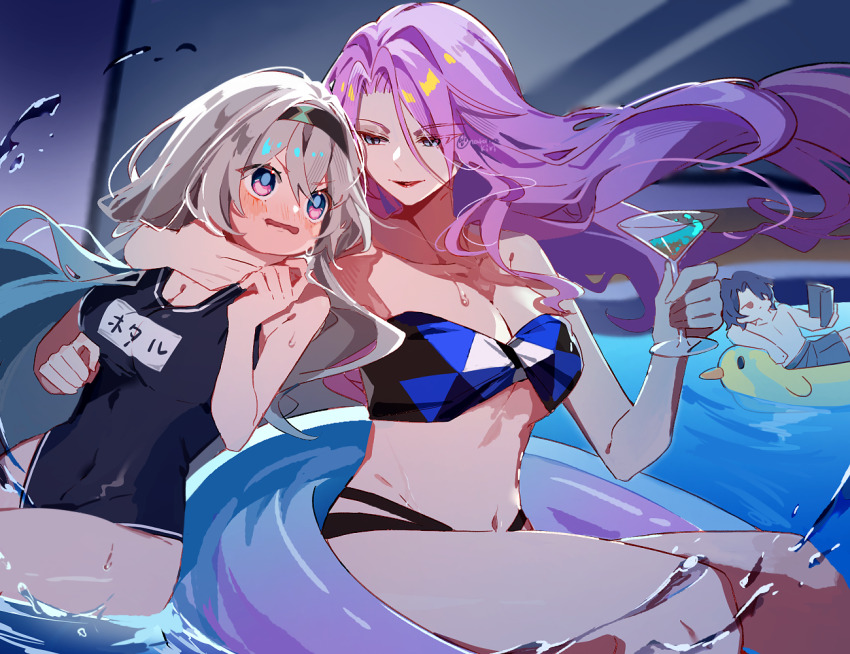 1boy 2girls bandeau bare_shoulders bikini blade_(honkai:_star_rail) blue_bikini blush cup firefly_(honkai:_star_rail) floating_hair grey_hair headband holding holding_cup honkai:_star_rail honkai_(series) indoors inflatable_toy innertube jade_(honkai:_star_rail) multiple_girls nara_nakiri one-piece_swimsuit partially_submerged pool purple_hair school_swimsuit strapless strapless_bikini swim_ring swimsuit water