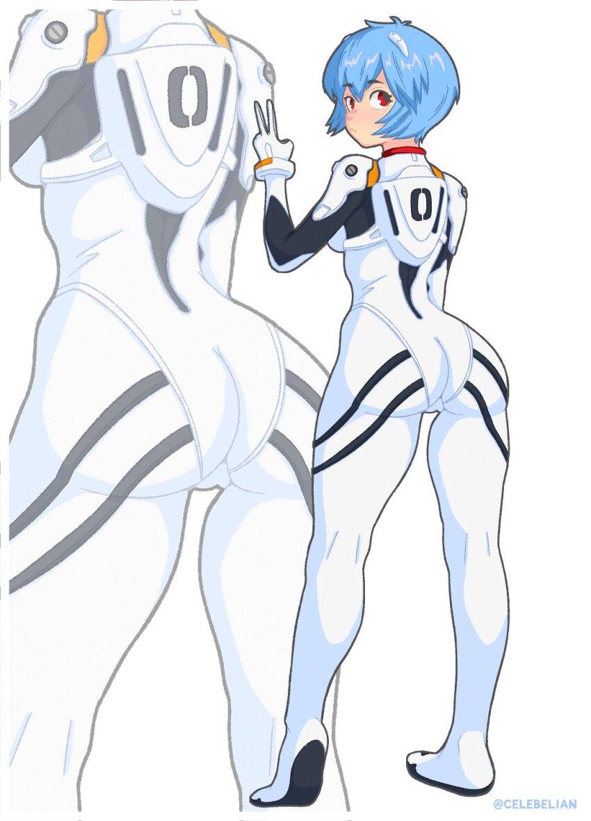 2girls ass ayanami_rei blue_hair blush bodysuit cameltoe celebelian hairpods hashtag-only_commentary highres looking_back mecha_pilot_suit multiple_girls neon_genesis_evangelion plugsuit red_eyes short_hair simple_background v white_background white_bodysuit