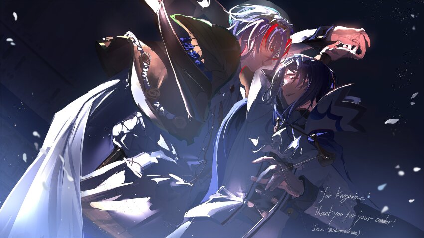 2boys absurdres alcryst_(fire_emblem) alear_(fire_emblem) alear_(male)_(fire_emblem) ascot asymmetrical_hair blue_cape blue_hair cape circlet closed_eyes commission fire_emblem fire_emblem_engage high_collar highres jewelry long_sleeves looking_at_another male_focus multicolored_hair multiple_boys nintendo red_eyes red_hair ring smile split-color_hair two-tone_hair ubwmitekure white_ascot white_cape yaoi