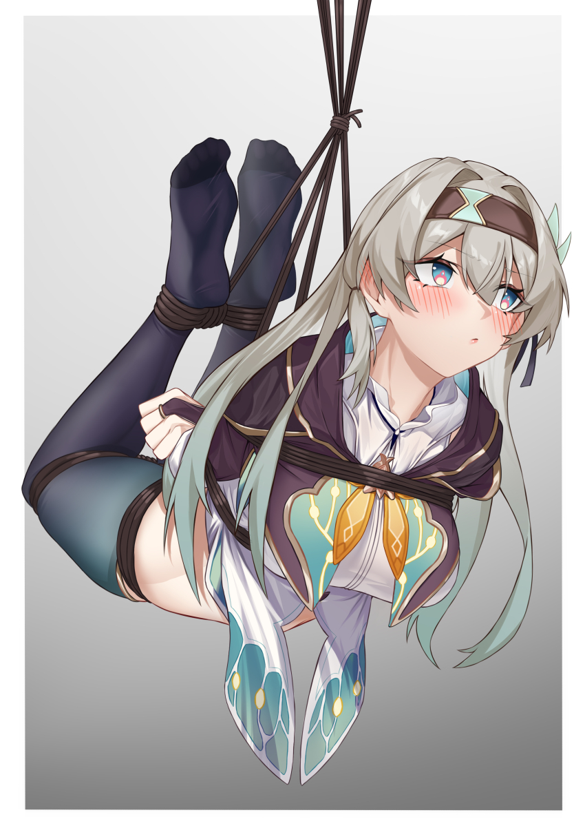 1girl absurdres aqua_thighhighs arms_behind_back averting_eyes bdsm black_hairband black_jacket blue_pupils blush bondage bound bound_ankles bound_arms bound_legs bound_thighs bound_torso bound_wrists breasts bridal_gauntlets commission firefly_(honkai:_star_rail) grey_hair hairband highres hogtie honkai:_star_rail honkai_(series) jacket long_hair medium_breasts multicolored_eyes neckerchief no_shoes orange_neckerchief pixiv_commission restrained rope shibari shibari_over_clothes shirt single_bridal_gauntlet soles solo suspension thighhighs two-tone_eyes wewlife white_shirt