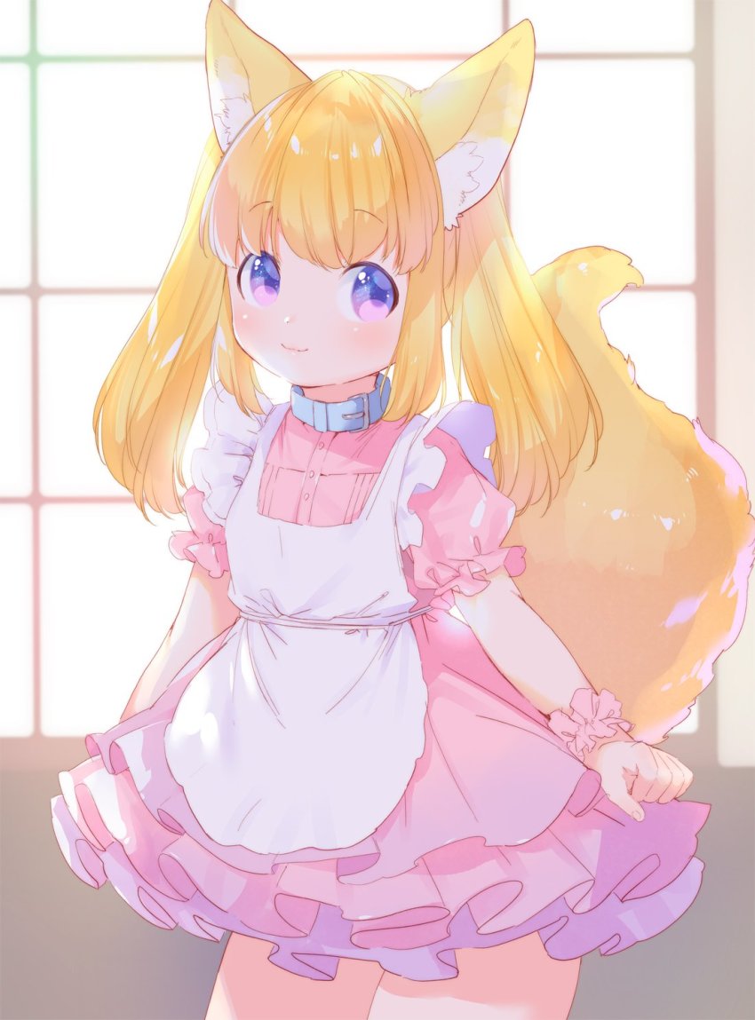 1girl animal_ear_fluff animal_ears apron backlighting blonde_hair blush collar commentary_request cowboy_shot dress fox_ears fox_tail frilled_dress frills highres long_hair mutou_mato original pink_dress pink_eyes short_sleeves smile solo tail twintails white_apron window wrist_cuffs