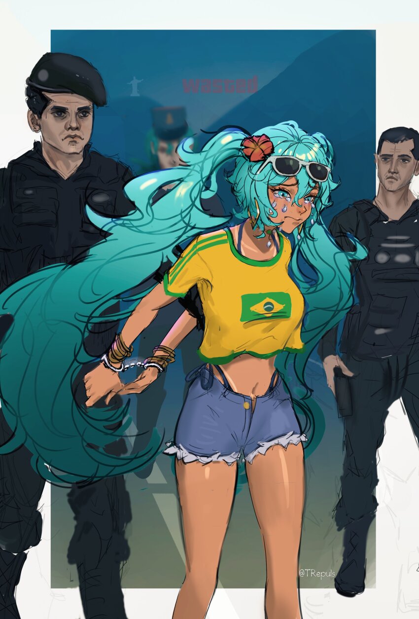 2boys 2girls absurdres aqua_eyes aqua_hair beret bikini bikini_under_shorts black_jacket black_vest blue_bikini bound bound_wrists bracelet brazilian_flag brazilian_flag_print brazilian_miku bulletproof_vest closed_mouth commentary creatures_(company) cropped_shirt crying crying_with_eyes_open cuffs dark-skinned_female dark_skin denim denim_shorts english_commentary eyewear_on_head flower game_freak grand_theft_auto hair_flower hair_ornament handcuffs hat hatsune_miku highres jacket jenny_(pokemon) jewelry long_hair multiple_boys multiple_girls navel nintendo pokemon pokemon_(anime) pokemon_(classic_anime) police shirt short_shorts shorts solo_focus sunglasses swimsuit tan tanline tears trepuls twintails vest vocaloid yellow_shirt