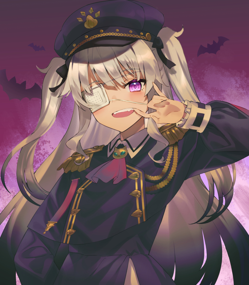 1girl :d animal ascot bat_(animal) capelet commentary_request dress epaulettes eyepatch fangs finger_in_own_mouth grey_hair hand_up hat highres long_hair long_sleeves looking_at_viewer matsukai_mao matsukai_mao_(2nd_costume) medical_eyepatch mosomoso nijisanji open_mouth peaked_cap puffy_long_sleeves puffy_sleeves purple_capelet purple_dress purple_eyes purple_hat red_ascot smile solo two_side_up very_long_hair virtual_youtuber