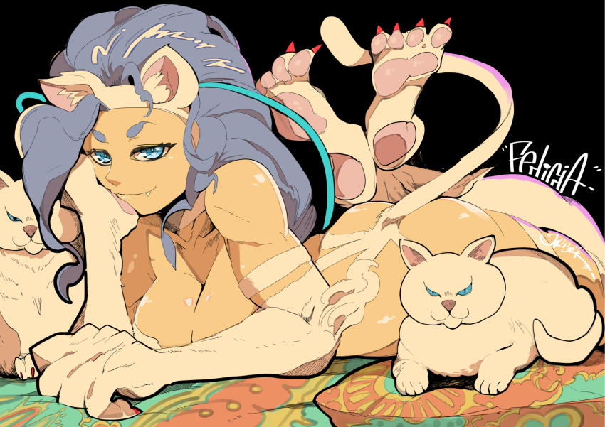 1girl animal_hands ass bare_shoulders blue_eyes blue_hair breasts cat darkstalkers fang felicia_(darkstalkers) highres jinbei large_breasts long_hair looking_at_viewer lying very_long_hair white_fur