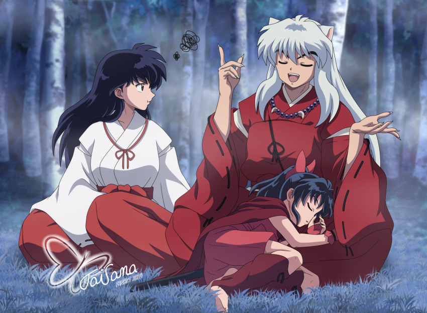 1boy 2girls animal_ears barefoot bead_necklace beads black_hair bow cat_ears closed_eyes commentary english_commentary father_and_daughter grass hair_bow hakama han&#039;you_no_yashahime higurashi_kagome inuyasha inuyasha_(character) japanese_clothes jewelry kimono leg_warmers long_hair long_sleeves looking_at_another looking_to_the_side moroha_(inuyasha) multiple_girls necklace night outdoors ponytail red_bow red_hakama red_kimono red_leg_warmers ribbon-trimmed_sleeves ribbon_trim signature sleeping straight_hair taisana tooth_necklace very_long_hair watermark white_hair white_kimono wide_sleeves