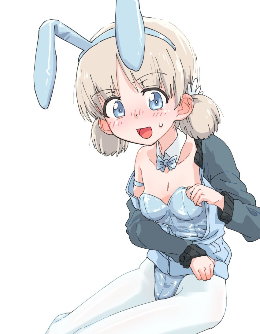 1girl aki_(girls_und_panzer) animal_ears blonde_hair blue_bow blue_bowtie blue_eyes blue_leotard blush bow bowtie breasts fake_animal_ears girls_und_panzer highres leotard looking_at_viewer monolith_(suibou_souko) open_mouth pantyhose playboy_bunny rabbit_ears short_hair simple_background small_breasts smile solo twintails white_background white_pantyhose