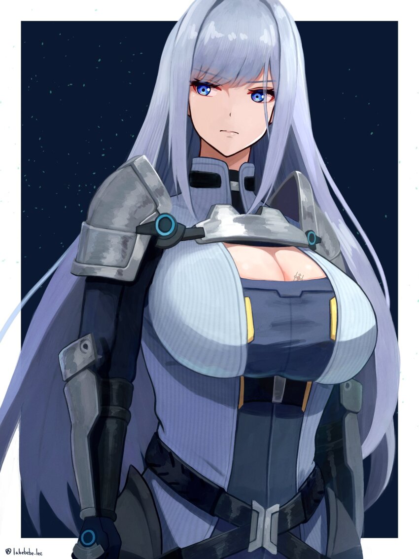 1girl armor blue_eyes breast_tattoo breasts cleavage cleavage_cutout closed_mouth clothing_cutout ethel_(xenoblade) grey_hair highres labebebe_lee large_breasts long_hair looking_at_viewer shoulder_armor simple_background solo tattoo upper_body very_long_hair xenoblade_chronicles_(series) xenoblade_chronicles_3