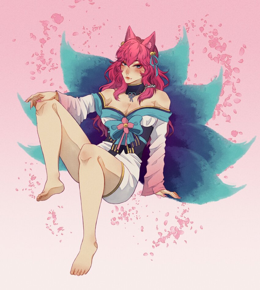 1girl ahri_(league_of_legends) animal_ear_fluff animal_ears bare_shoulders bell blue_eyes breasts cleavage facial_mark fox_ears fox_tail hair_bell hair_ornament highres japanese_clothes kimono large_breasts league_of_legends long_hair looking_at_viewer multiple_tails pink_hair saltiepng solo spirit_blossom_(league_of_legends) spirit_blossom_ahri tail whisker_markings