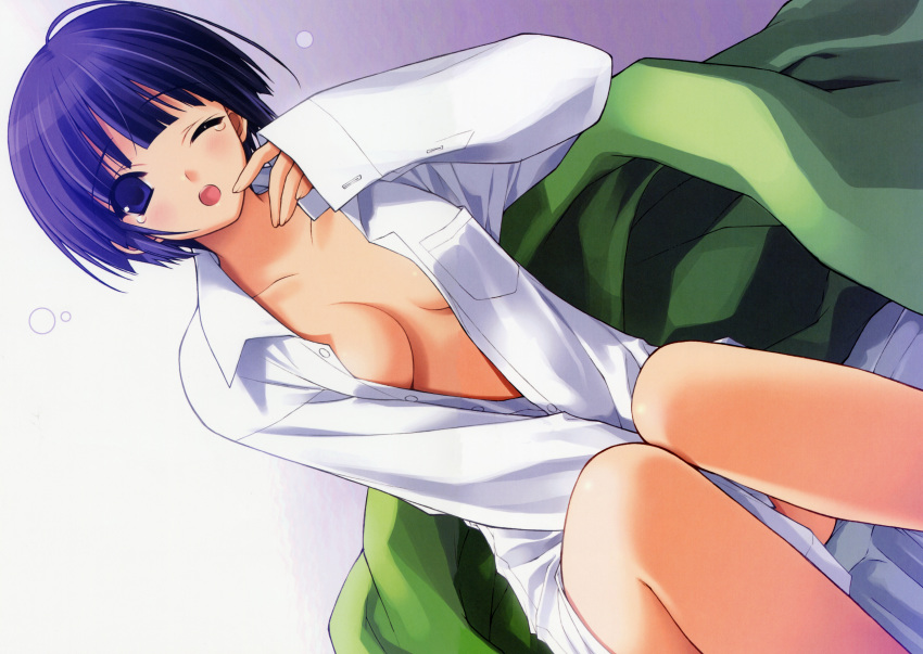 1girl absurdres bed black_hair blue_hair breasts center_opening dress_shirt dutch_angle female_focus highres ichinose_mio one_eye_closed open_clothes open_mouth open_shirt scan shirt short_hair sitting solo suzuhira_hiro white_breath wink yawning