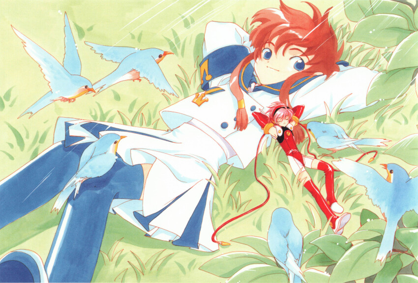 2girls absurdres angelic_layer arms_behind_head bird blue_bird blue_eyes blue_thighhighs bodysuit cable clamp_(circle) closed_mouth doll hair_tubes highres hikaru_(angelic_layer) looking_at_viewer lying multiple_girls official_art on_back on_grass outdoors pink_hair red_bodysuit scan shirt short_hair short_hair_with_long_locks skirt smile suzuhara_misaki thighhighs white_shirt white_skirt