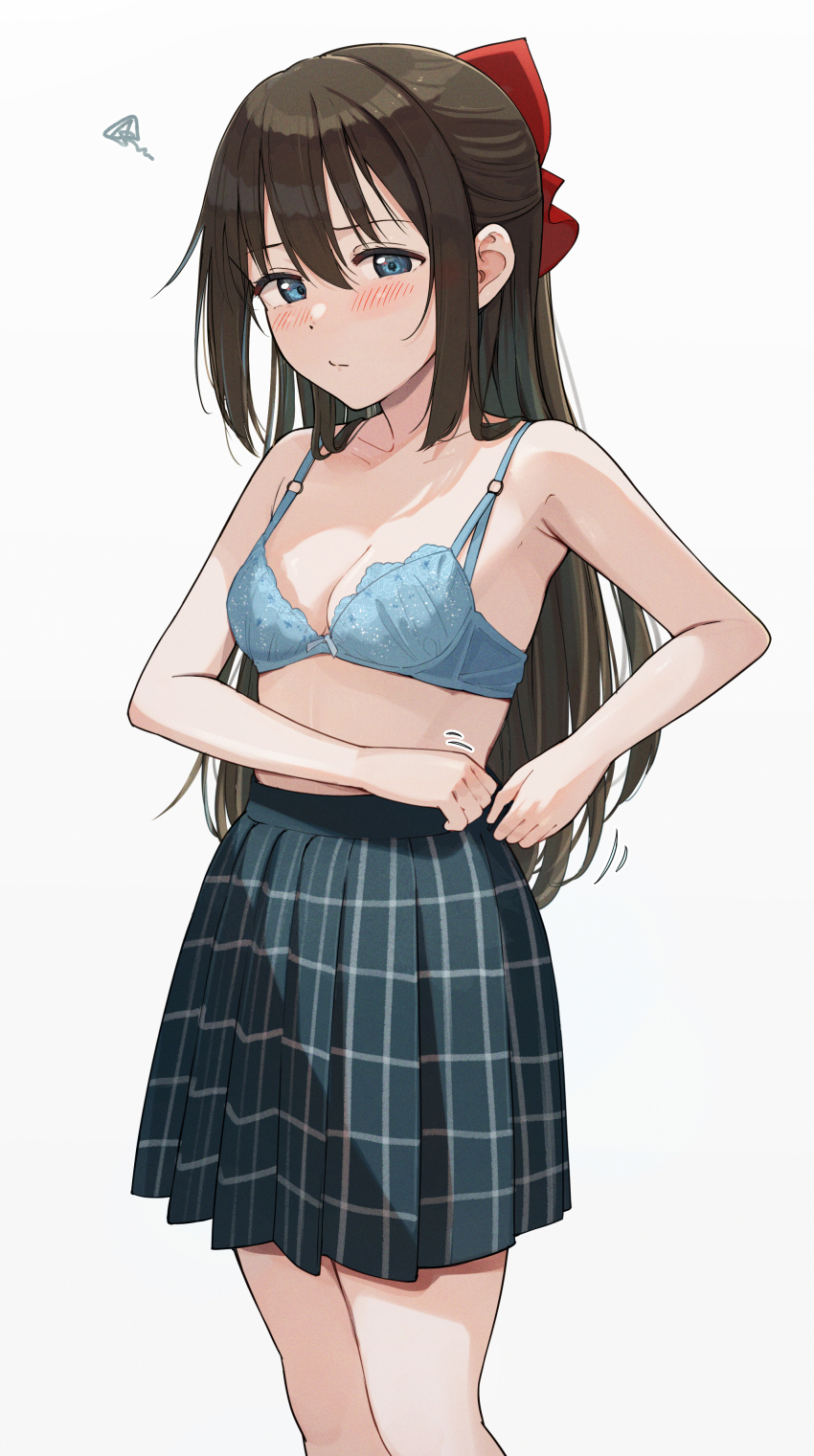 1girl absurdres blue_bra blue_eyes blush bra breasts brown_hair cleavage commentary_request dressing hair_ribbon highres long_hair love_live! love_live!_nijigasaki_high_school_idol_club osaka_shizuku plaid_clothes plaid_skirt pleated_skirt red_ribbon ribbon skirt small_breasts solo tata_(tataice) underwear white_background