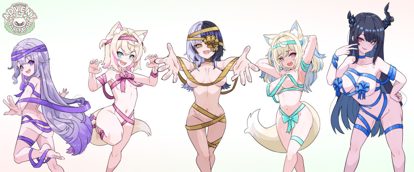 5girls animal_ear_fluff animal_ears aqua_bow aqua_ribbon areola_slip armpits arms_behind_head ass asymmetrical_horns black_hair blonde_hair blue_bow blue_eyes blue_hair blue_ribbon blush bow breasts breasts_apart bright_pupils claw_pose colored_inner_hair commentary crossed_bangs demon_horns dog_ears dog_girl dog_tail english_commentary feet_out_of_frame flower foot_out_of_frame foot_up from_behind fuwawa_abyssgard gem gold_bow gold_ribbon grey_background grey_hair hair_between_eyes hair_intakes hairband hand_on_own_hip hands_up heart heart-shaped_pupils highres holoadvent hololive hololive_english horn_flower horns koseki_bijou large_breasts leaning_forward long_hair looking_at_viewer medium_breasts mococo_abyssgard mole mole_under_eye moral_cacoethes multicolored_hair multiple_girls naked_ribbon navel nerissa_ravencroft one_eye_covered open_mouth outstretched_arms parted_lips pink_bow pink_eyes pink_hair pink_hairband pink_ribbon purple_eyes purple_hair purple_ribbon red_eyes ribbon shiori_novella short_hair siblings simple_background sisters small_breasts smile soles split-color_hair standing standing_on_one_leg streaked_hair symbol-shaped_pupils tail teeth toes twins two-tone_hair two_side_up uneven_horns upper_teeth_only v-shaped_eyebrows very_long_hair virtual_youtuber white_pupils yellow_eyes