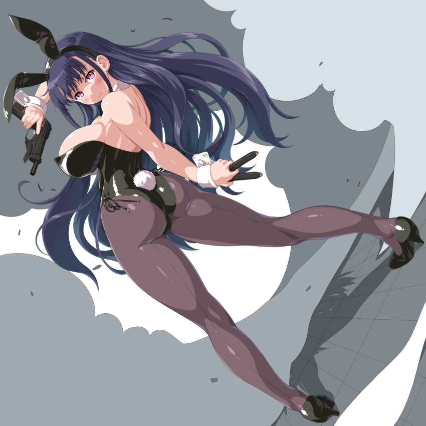 1girl animal_ears bare_shoulders black_leotard black_pantyhose blue_hair blush bow bowtie breasts clip_(weapon) dd_(ijigendd) detached_collar fake_animal_ears fake_tail gun handgun highleg highleg_leotard highres holding_clip_(weapon) large_breasts leotard long_hair looking_at_viewer original pantyhose pink_eyes playboy_bunny rabbit_ears rabbit_tail solo strapless strapless_leotard tail traditional_bowtie weapon wrist_cuffs