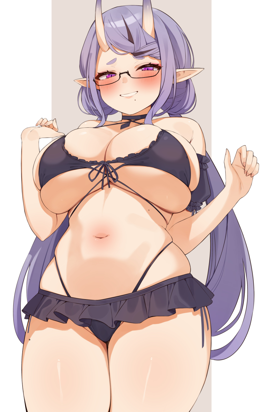 1girl absurdres bikini blush breasts choco_tanuki curvy demon_girl demon_horns glasses grin highleg highleg_bikini highres horns huge_breasts long_hair looking_at_viewer mole mole_on_thigh mole_under_mouth navel nijisanji pointy_ears purple_eyes purple_hair rindou_mikoto rindou_mikoto_(7th_costume) simple_background smile solo swimsuit underboob virtual_youtuber