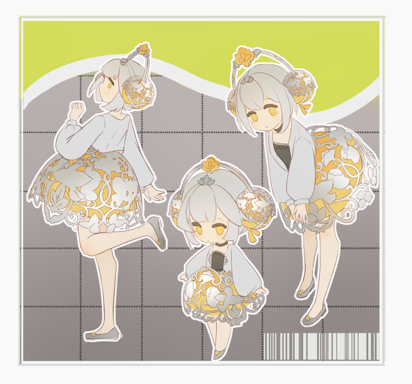 1girl absurdres barcode chibi child dress grey_hair grey_jacket hair_bun hair_ornament highres jacket long_sleeves looking_at_viewer multiple_views no_pupils shengqin8 shoes short_hair skirt standing standing_on_one_leg translation_request wuhua_mixin yellow_eyes yin_xiangnang_(wuhua_mixin)