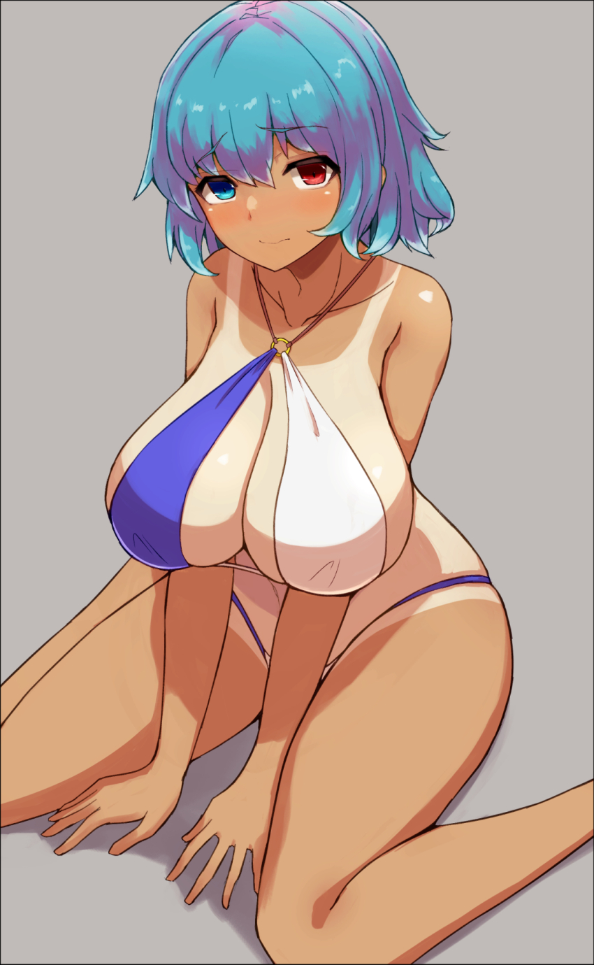 1girl bikini blue_bikini blue_eyes blue_hair blush breasts cleavage closed_mouth commentary_request full_body heterochromia highres huge_breasts looking_at_viewer mani_padme red_eyes short_hair sitting solo swimsuit tan tanline tatara_kogasa touhou variant_set wariza white_bikini