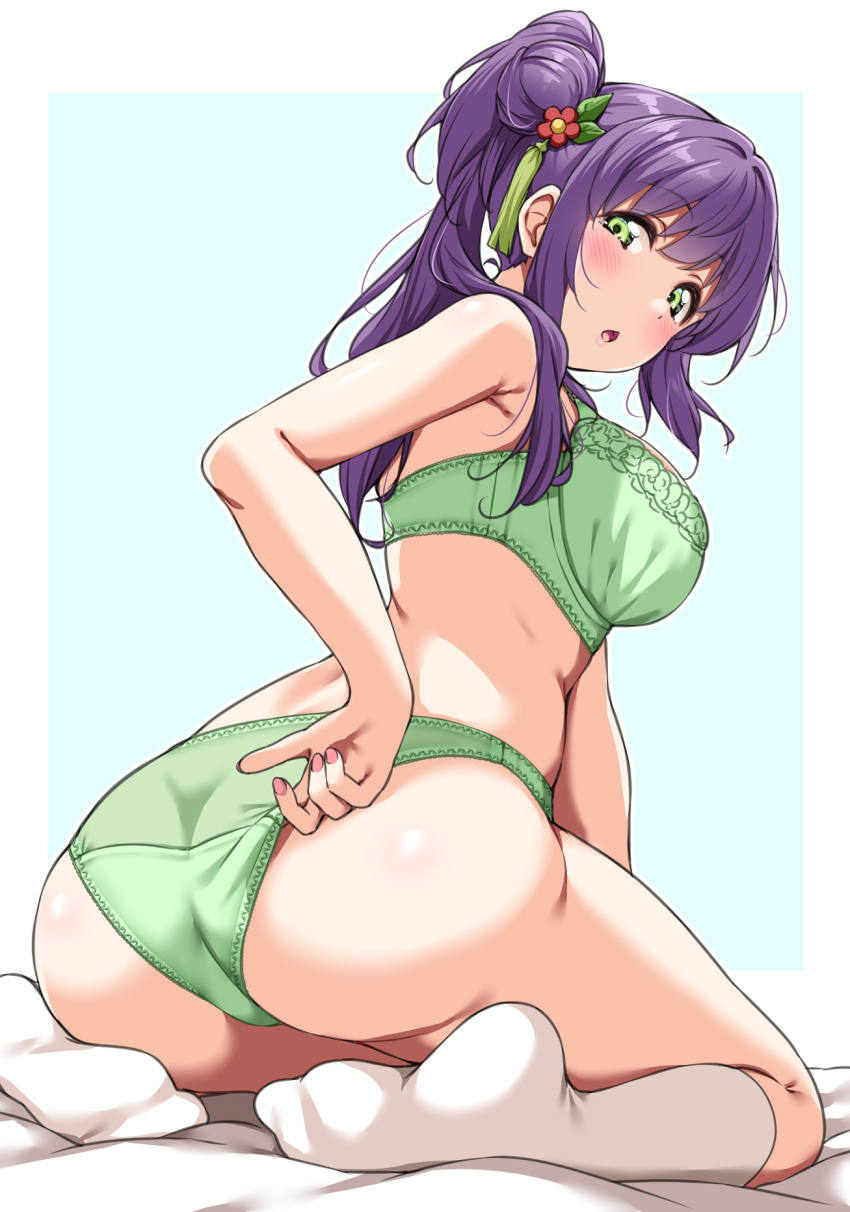 1girl adjusting_clothes adjusting_panties ass bad_link bra breasts from_behind green_bra green_eyes green_panties hair_ornament high_side_ponytail highres large_breasts link!_like!_love_live! long_hair love_live! otomune_kozue panties purple_hair sitting socks underwear virtual_youtuber wariza white_socks yopparai_oni