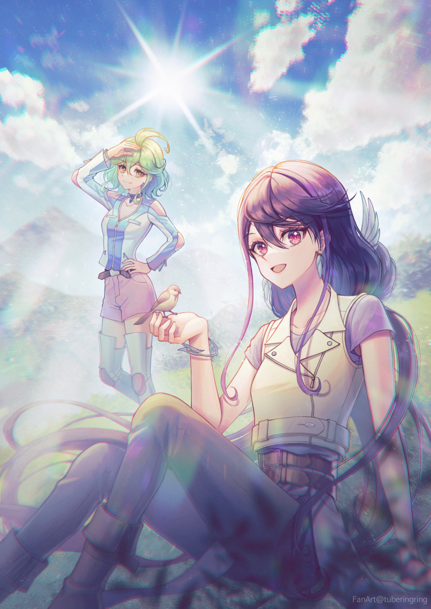 2girls bird black_pants blue_jacket blurry blurry_background boots grass green_eyes highres jacket kurosaki_ruri long_hair mountain multiple_girls pants pink_shorts purple_hair purple_shirt rin_(yu-gi-oh!) shirt short_hair shorts sitting standing sunlight thigh_boots tubering vest white_footwear white_jacket white_vest yu-gi-oh! yu-gi-oh!_arc-v