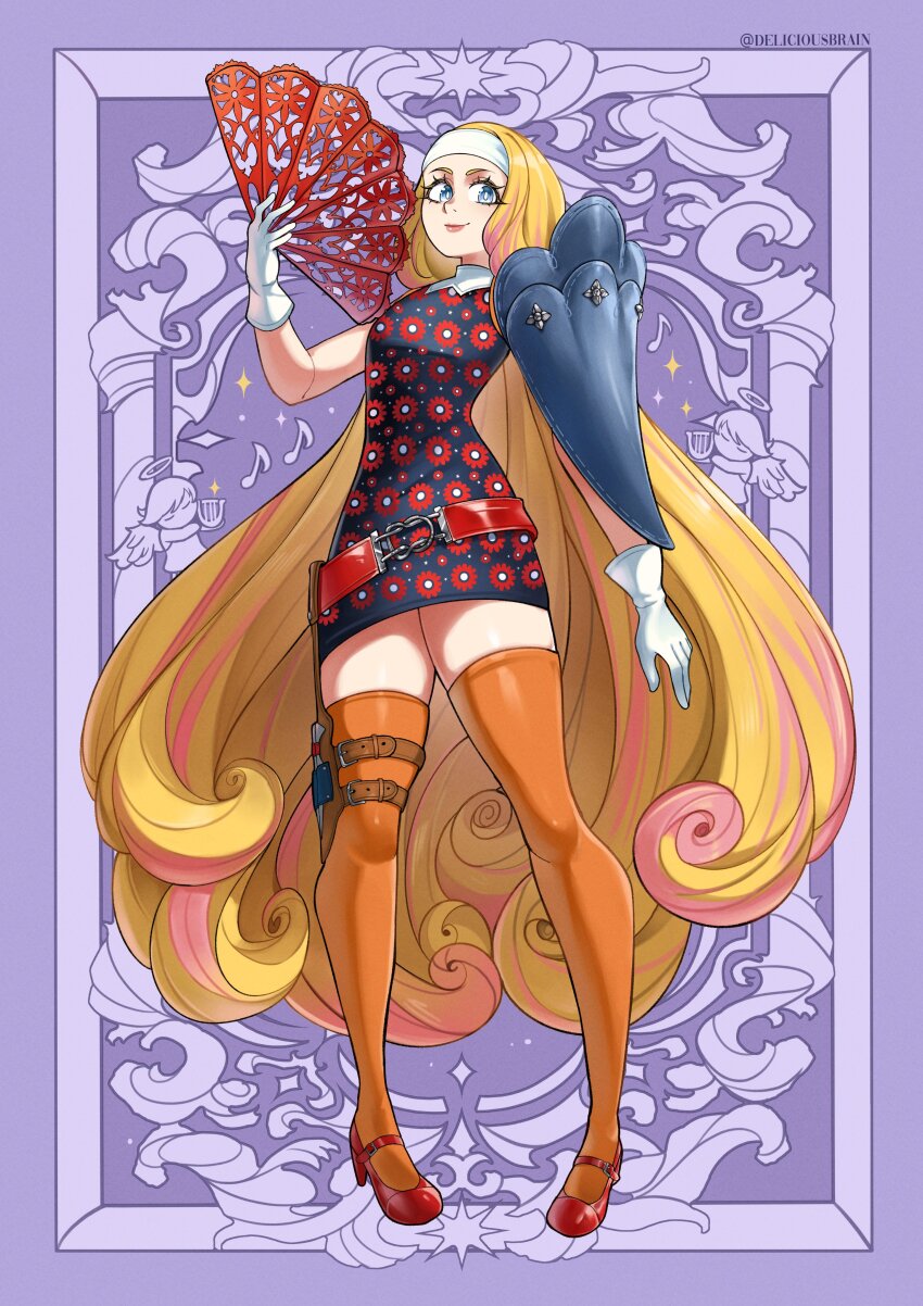 absurdres blonde_hair blue_eyes deliciousbrain dress floral_print_dress full_body gloves hand_fan headband highres junah_(metaphor:_refantazio) long_hair metaphor:_refantazio orange_thighhighs paper_fan red_footwear short_dress simple_background smile standing thighhighs very_long_hair white_gloves white_headband