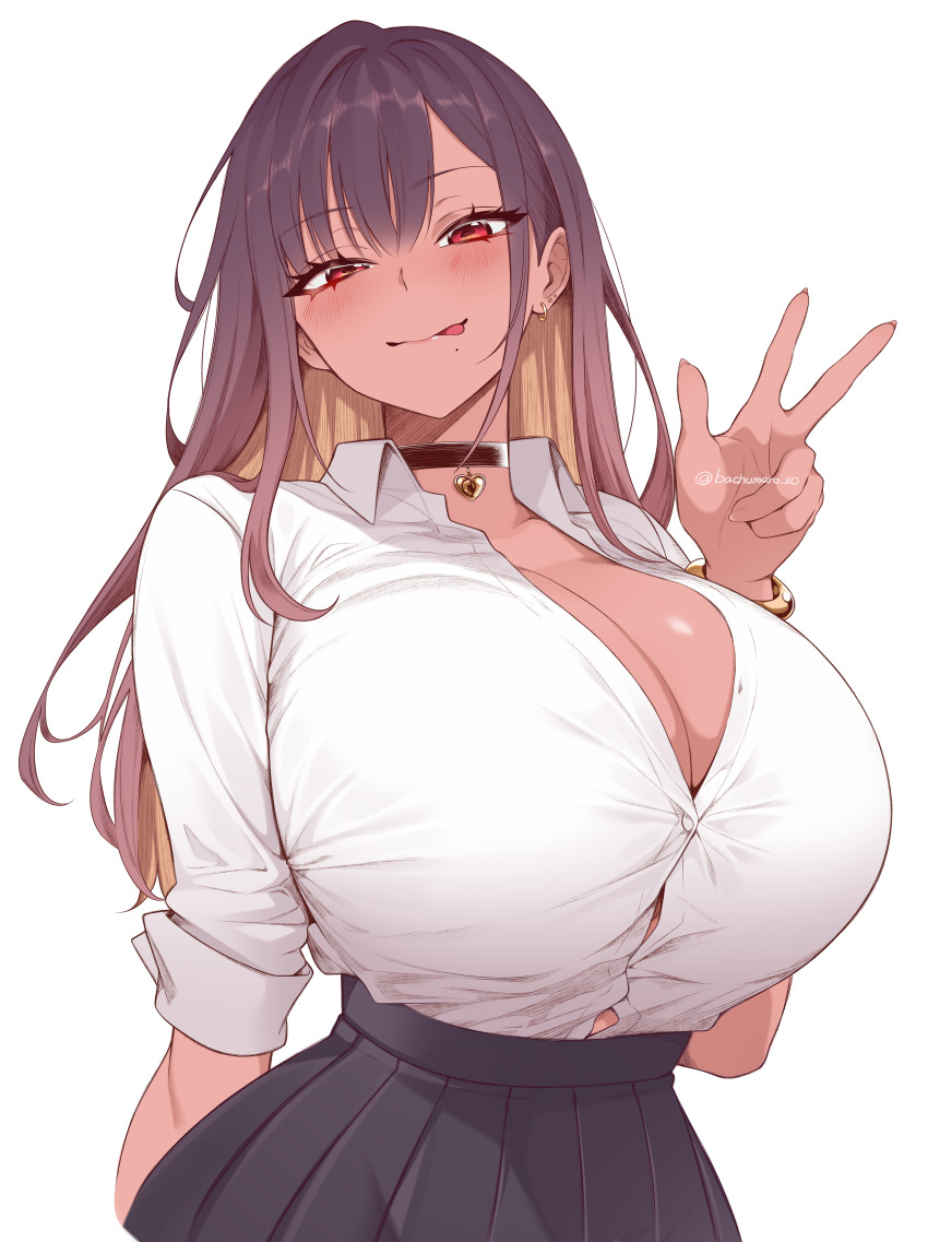 1girl absurdres bachumaro black_choker black_hair black_skirt blonde_hair blush breasts brown_hair choker cleavage collarbone colored_inner_hair dress_shirt ear_piercing earrings grin gyaru hair_between_eyes hand_up heart_pendant highres huge_breasts jewelry long_hair looking_at_viewer mole mole_under_mouth multicolored_hair original piercing pleated_skirt purple_hair red_eyes school_uniform shirt shirt_tucked_in short_sleeves sidelocks simple_background skirt smile solo twitter_username upper_body white_background white_shirt