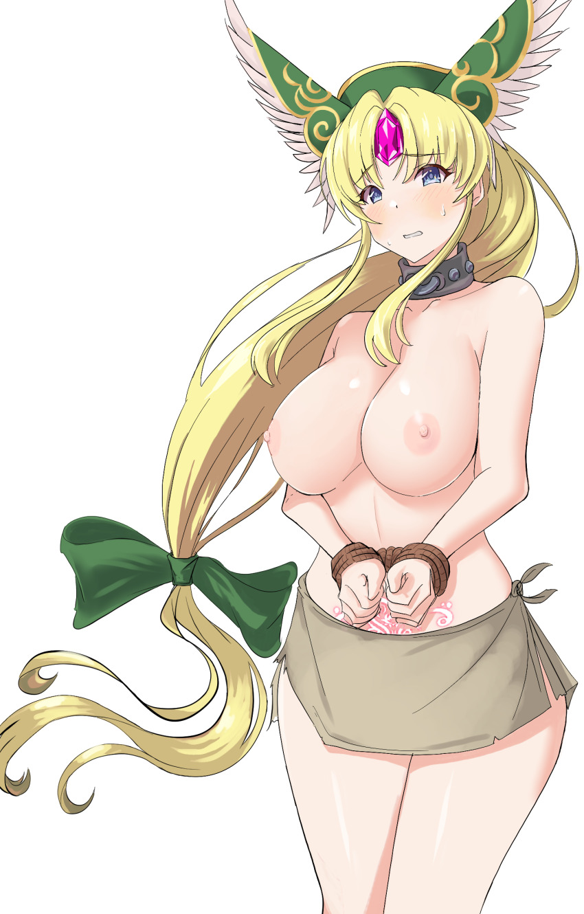 1girl bdsm blonde_hair blue_eyes blush bondage bound bow breasts collar collarbone female_focus forehead_jewel hair_bow head_wings helmet highres kogamon large_breasts long_hair looking_at_viewer low-tied_long_hair parted_lips pubic_tattoo riesz seiken_densetsu seiken_densetsu_3 simple_background solo square_enix standing sweat sweatdrop tattoo teeth very_long_hair white_background winged_helmet wings