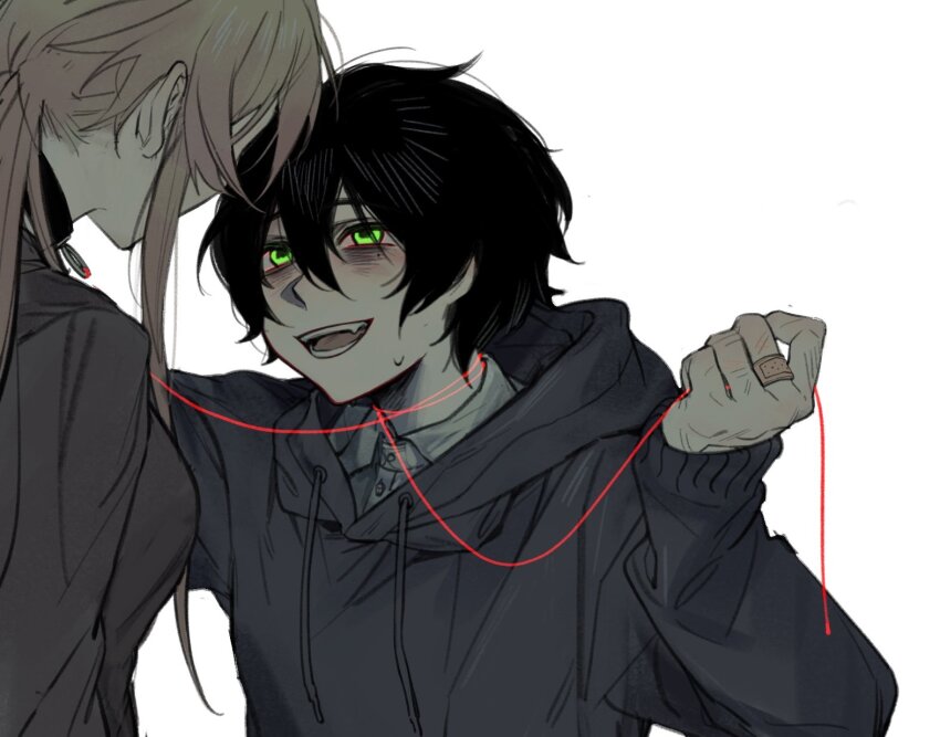 1boy 1girl black_hair black_hoodie blonde_hair brown_shirt collar collared_shirt degrees_of_lewdity fang green_eyes hetero highres hood hood_down hoodie kylar_(degrees_of_lewdity) kylar_(male)_(degrees_of_lewdity) long_sleeves looking_at_another low_ponytail mole mole_under_eye open_mouth player_character_(degrees_of_lewdity) player_character_(female)_(degrees_of_lewdity) shirt solublesalt123 string string_of_fate white_shirt yandere