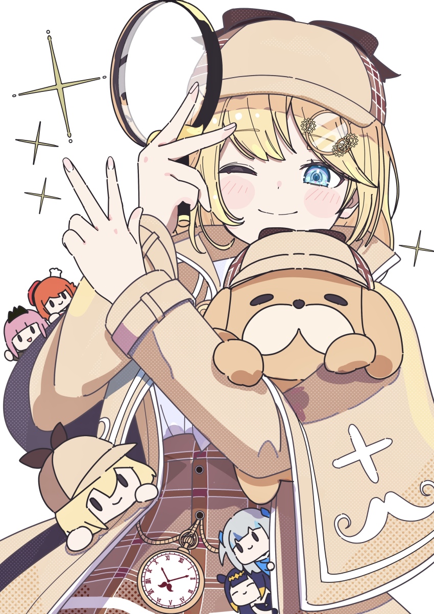 1girl absurdres blonde_hair blue_eyes blush bob_cut brown_capelet brown_hat brown_skirt bubba_(watson_amelia) capelet chibi commentary cowboy_shot deerstalker english_commentary gawr_gura gawr_gura_(1st_costume) hair_ornament hat high-waist_skirt highres holding holding_magnifying_glass hololive hololive_english long_sleeves looking_at_viewer magnifying_glass mori_calliope necktie ninomae_ina&#039;nis ninomae_ina&#039;nis_(1st_costume) one_eye_closed plaid_clothes plaid_skirt pleated_skirt shirt short_hair simple_background skirt smile solo sparkle takanashi_kiara tsukitoinu v virtual_youtuber watson_amelia watson_amelia_(1st_costume) white_background white_shirt