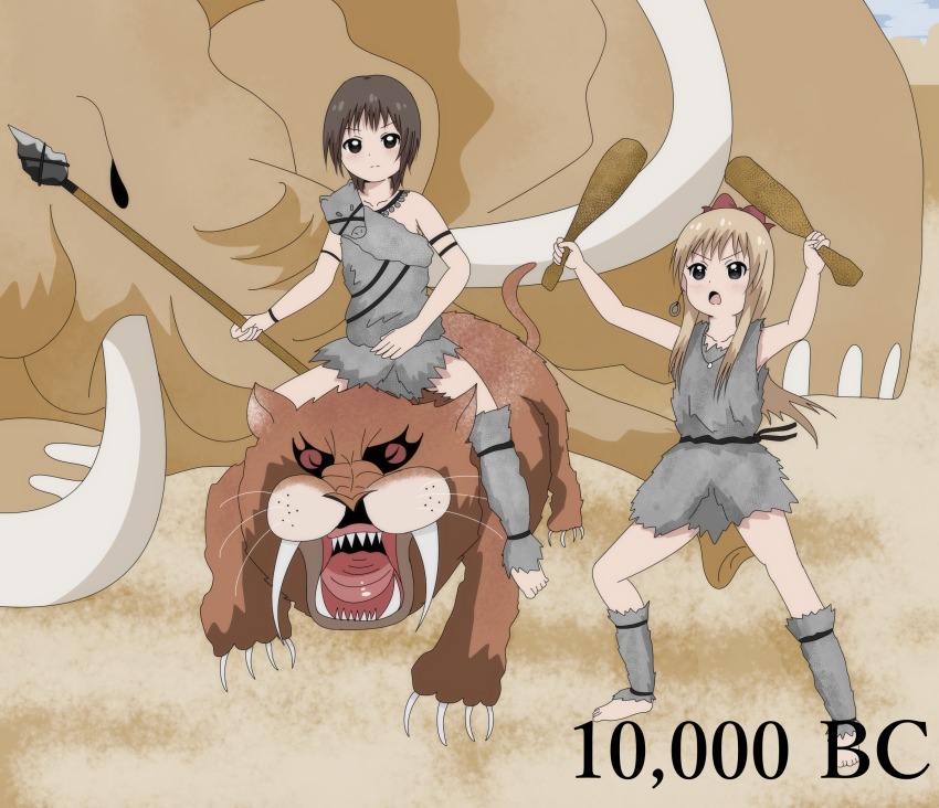 2girls animal artist_request barefoot blonde_hair club_(weapon) dated dual_wielding fangs far_cry far_cry_primal funami_yui highres holding mammoth multiple_girls polearm prehistoric prehistoric_animal spear toshinou_kyouko weapon yuru_yuri