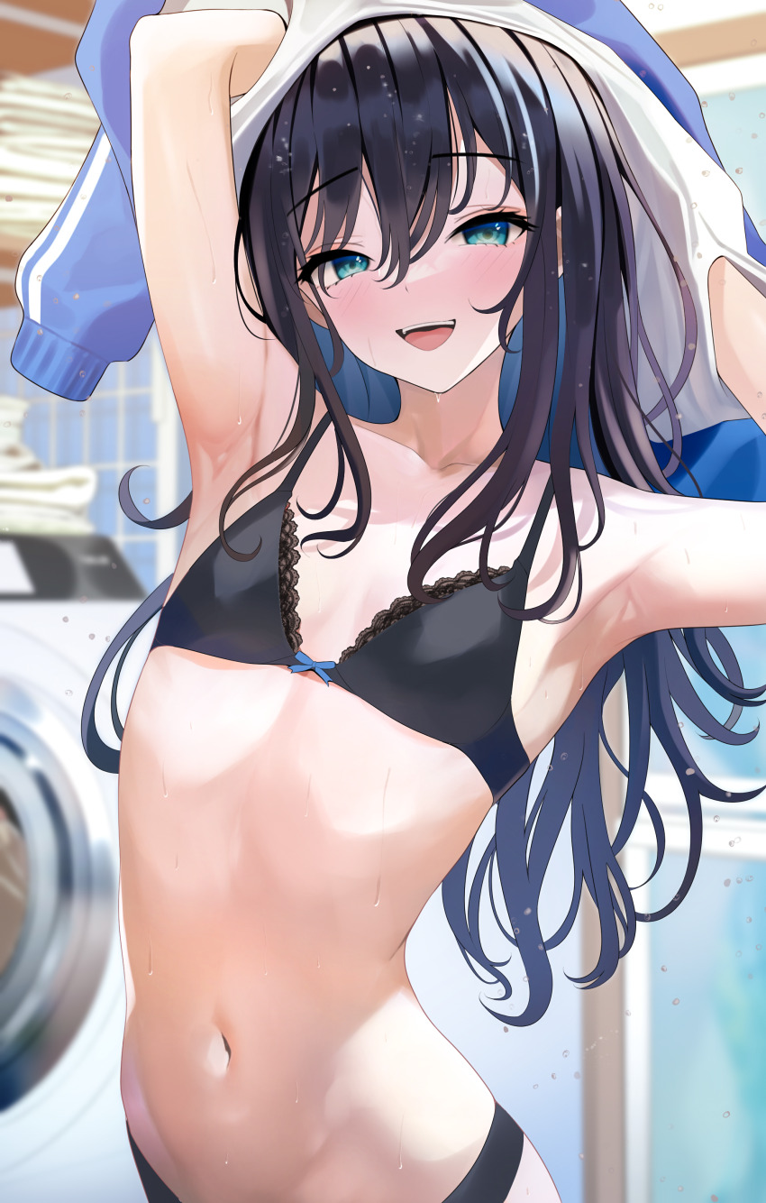 1girl :d absurdres armpits blue_eyes blue_hair bra breasts collarbone highres jacket lace lace-trimmed_bra lace_trim long_hair looking_at_viewer navel open_mouth original panties small_breasts smile solo teeth track_jacket turisasu underwear upper_teeth_only washing_machine water water_drop wet