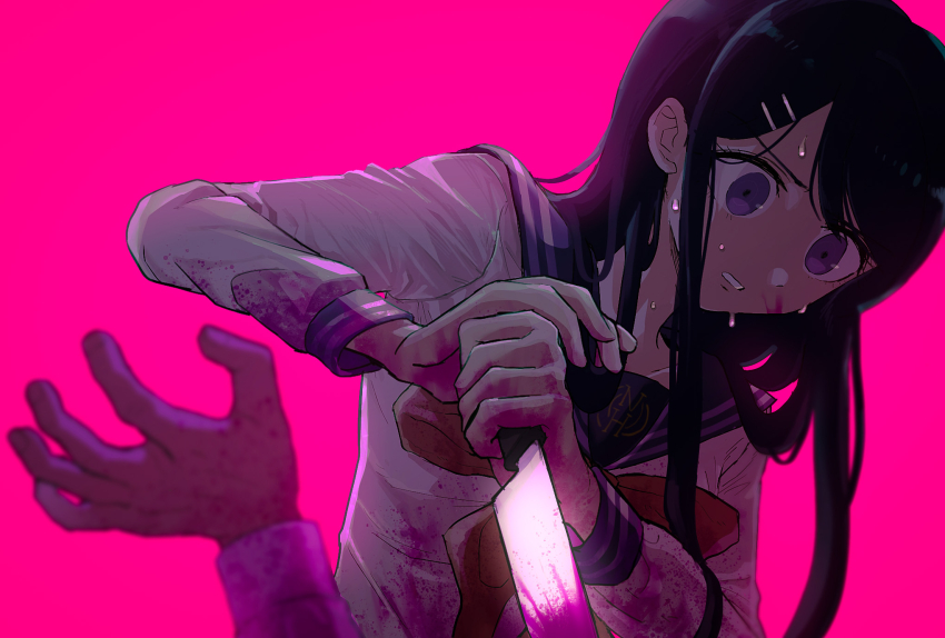 1girl 1other black_hair blood blood_on_clothes blood_on_face blood_on_hands bloody_weapon bow bowtie danganronpa:_trigger_happy_havoc danganronpa_(series) grey_shirt hair_ornament hairclip hand_up heterochromia highres holding holding_knife kaisan_(kaisanshiki) knife long_hair long_sleeves maizono_sayaka orange_bow orange_bowtie pink_background pink_blood pink_eyes purple_eyes purple_sailor_collar rebanira_kaisan sailor_collar school_uniform shirt simple_background solo_focus sweat teeth upper_body weapon