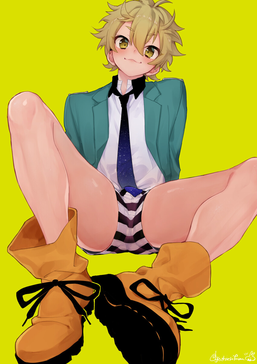 1boy absurdres ashikaga_hyouta bishounen bishounen_series full_body highres looking_at_viewer male_focus necktie rifuru school_uniform shirt shoes short_hair shorts simple_background smile solo thighs white_shirt yellow_eyes