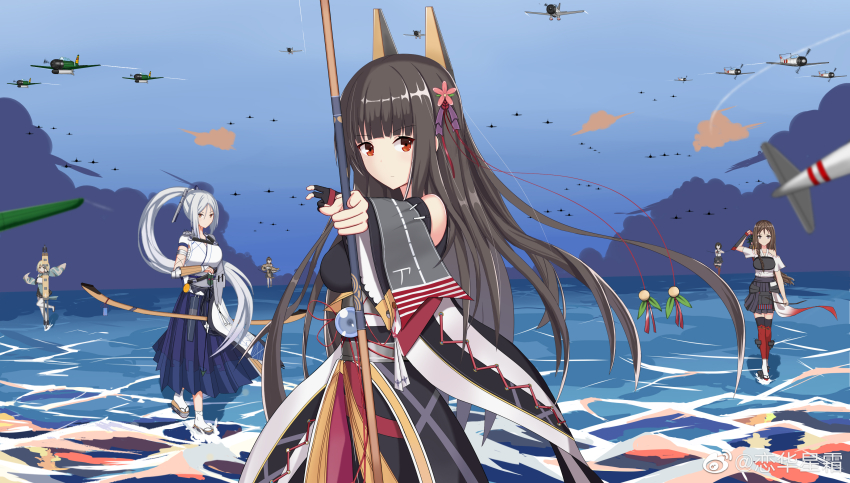 5girls 6+girls absurdres aircraft airplane akagi_(warship_girls_r) arrow_(projectile) bare_shoulders black_hair blonde_hair bow_(weapon) brown_hair detached_sleeves flight_deck flower gloves hair_flower hair_ornament hakama hakama_skirt highres holding holding_bow_(weapon) holding_weapon japanese_clothes kaga_(warship_girls_r) long_hair looking_at_viewer multiple_girls ocean outdoors pleated_skirt ponytail prinz_eugen1938 red_eyes shoukaku_(warship_girls_r) skirt sky soryu_(warship_girls_r) standing standing_on_liquid thighhighs very_long_hair warship_girls_r water weapon white_hair wide_sleeves