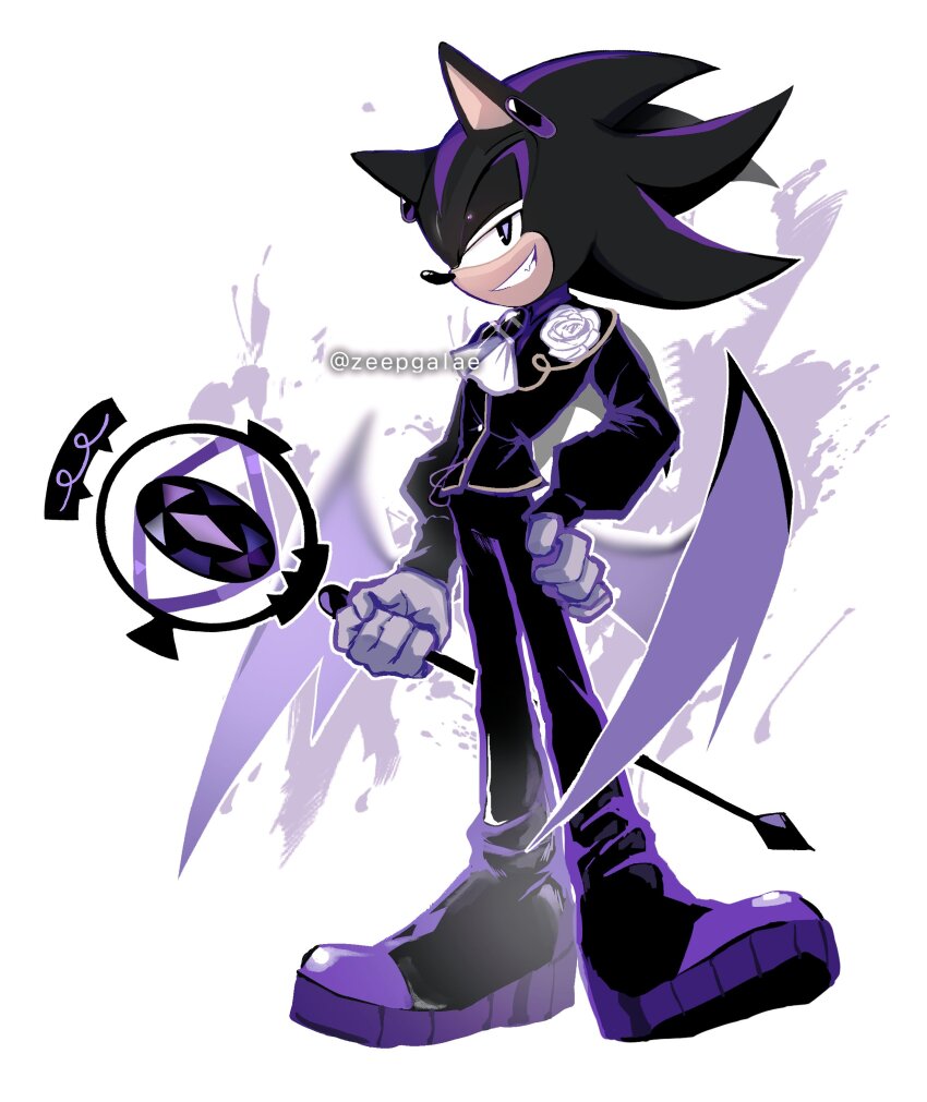 1boy absurdres black_footwear black_pants black_sapphire_cookie black_sapphire_cookie_(cosplay) black_shirt boots cookie_run cookie_run:_kingdom cosplay demon_wings grin highres holding holding_staff long_sleeves looking_at_viewer low_wings male_focus pants puffy_long_sleeves puffy_sleeves shadow_the_hedgehog shapam_(zeepgalae) shirt simple_background smile solo sonic_(series) staff white_background wings