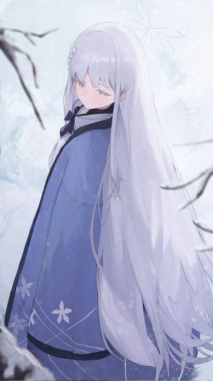 1girl blue_archive closed_mouth grey_eyes hair_ornament halo haori highres holding japanese_clothes jianjia long_hair long_sleeves nagusa_(blue_archive) outdoors pleated_skirt sailor_collar school_uniform serafuku skirt snow snowflake_hair_ornament snowing solo tree very_long_hair white_hair white_halo white_sailor_collar white_serafuku wide_sleeves winter