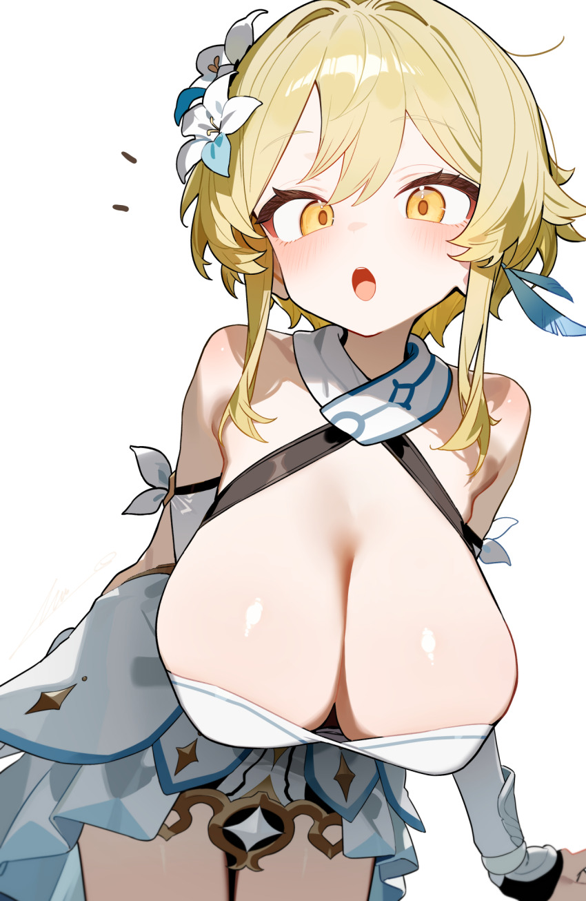 1girl bare_shoulders blonde_hair blush breasts cleavage cowboy_shot flower genshin_impact hair_between_eyes hair_flower hair_ornament highres large_breasts looking_at_viewer lumine_(genshin_impact) open_mouth overlord_(overlord80000) short_hair simple_background solo white_background yellow_eyes