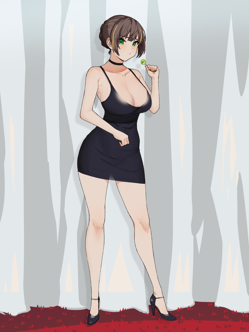 1girl absurdres bare_shoulders black_dress black_footwear black_nails blonde_hair breasts brown_hair candy choker cleavage dress food full_body green_eyes high_heels highres large_breasts lollipop looking_at_viewer nail_polish nezuko original pout sleeveless sleeveless_dress solo standing