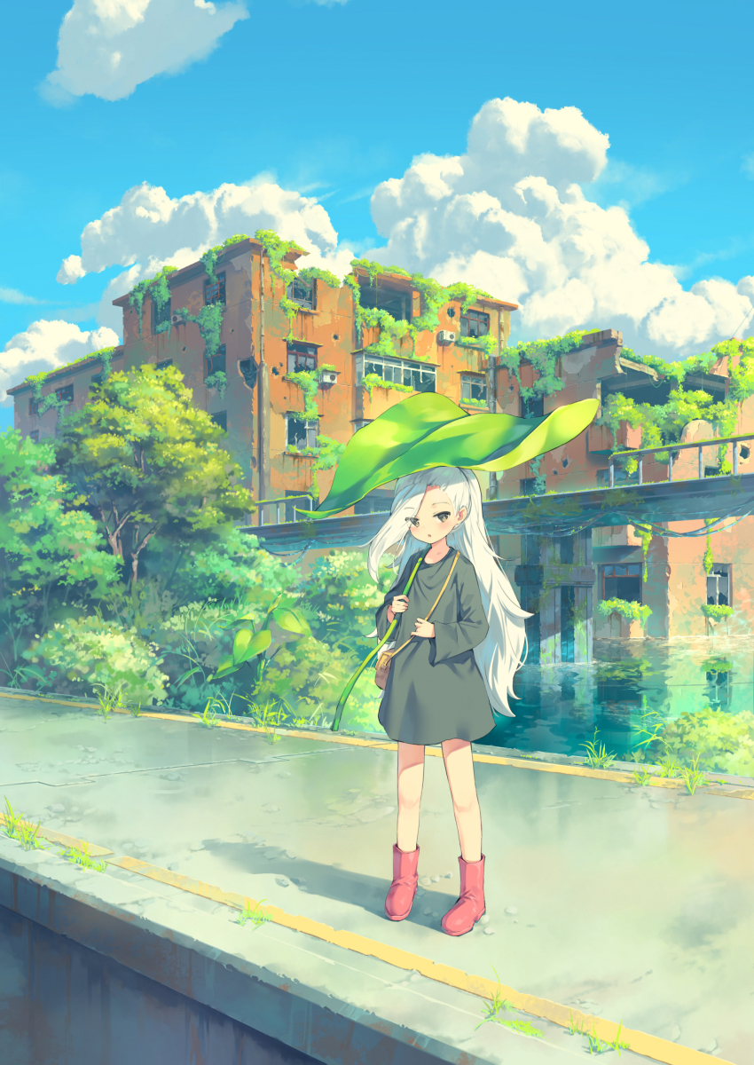 1girl :o absurdres bag blue_sky boots building character_request chen_bin cloud dress eastward grey_dress grey_eyes highres leaf_umbrella long_hair red_footwear ruins shoulder_bag sky white_hair wide_shot yellow_bag