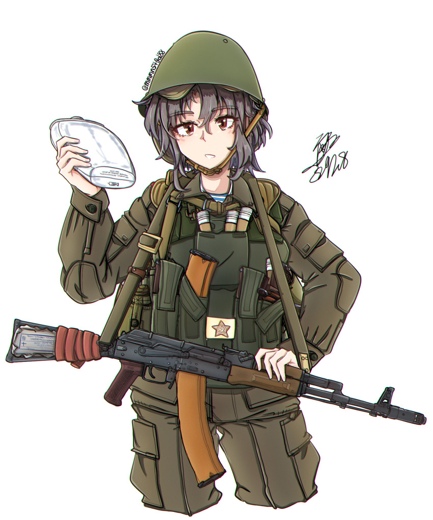 1girl ak-74 assault_rifle black_hair bottle brown_eyes cropped_legs gun highres holding holding_bottle kalashnikov_rifle load_bearing_vest magazine_(weapon) military_combat_uniform mmmn540d88 original rifle shirt signature simple_background solo soviet_army ssh-68_combat_helmet striped_clothes striped_shirt telnyashka vdv war_in_afghanistan water_bottle weapon white_background