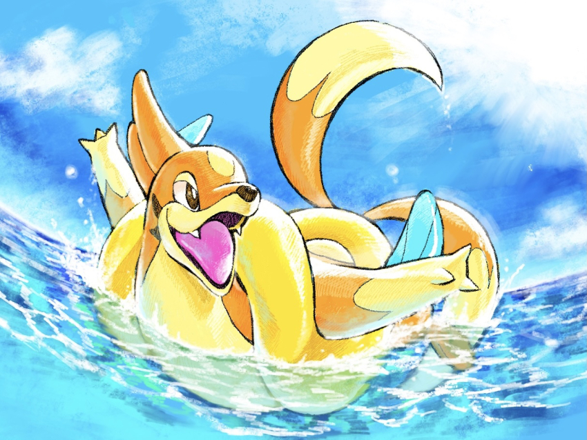 bright_pupils brown_eyes cloud commentary_request creatures_(company) day fangs floatzel full_body game_freak gen_4_pokemon nintendo no_humans ocean open_mouth outdoors outstretched_arms pokemon pokemon_(creature) sky solo teo_drill tongue water white_pupils