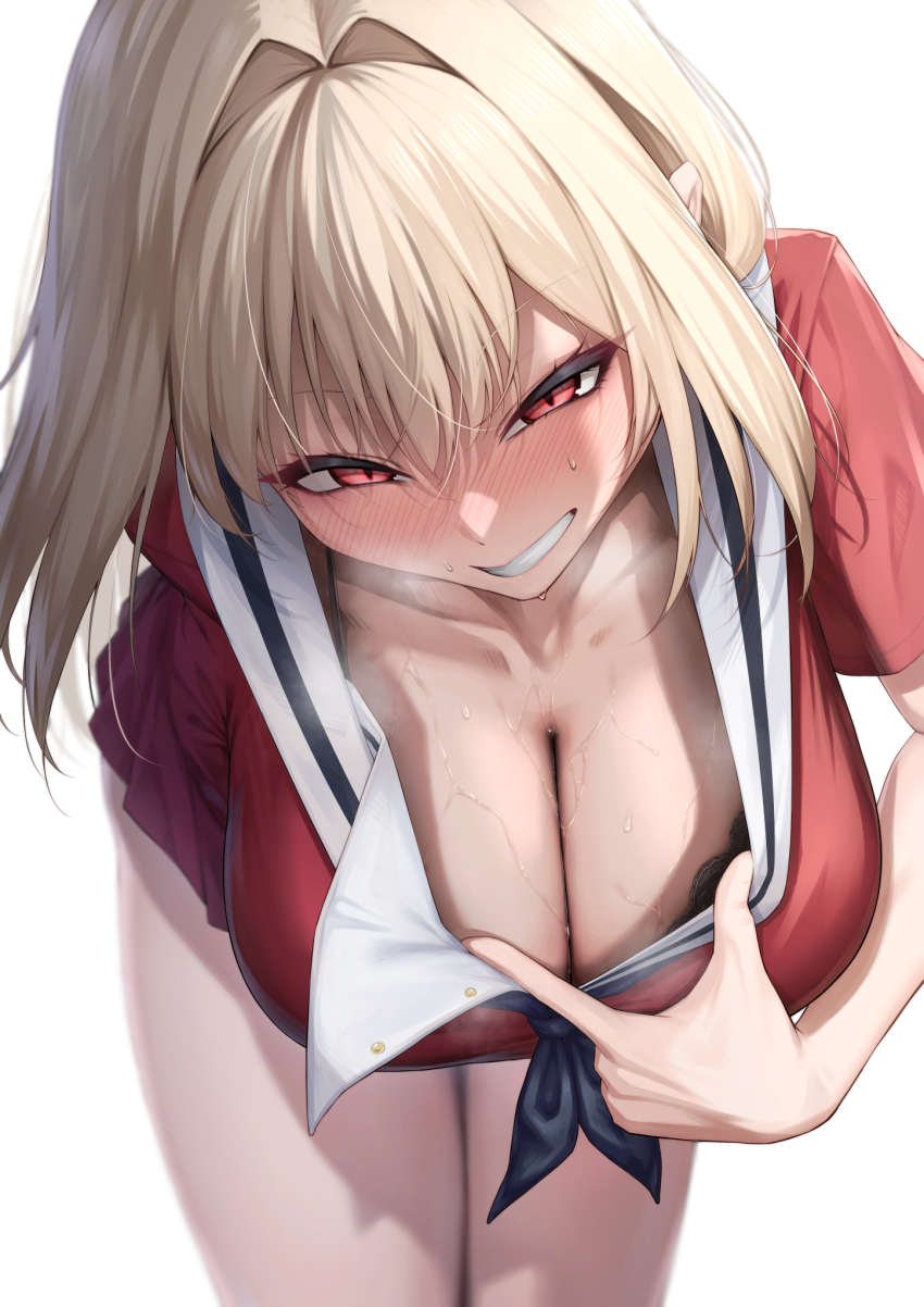 1girl blonde_hair blush breasts cleavage flashing furen_e_lustario hair_intakes highres large_breasts mikage_77777 nijisanji red_eyes red_shirt school_uniform serafuku shirt sweat virtual_youtuber