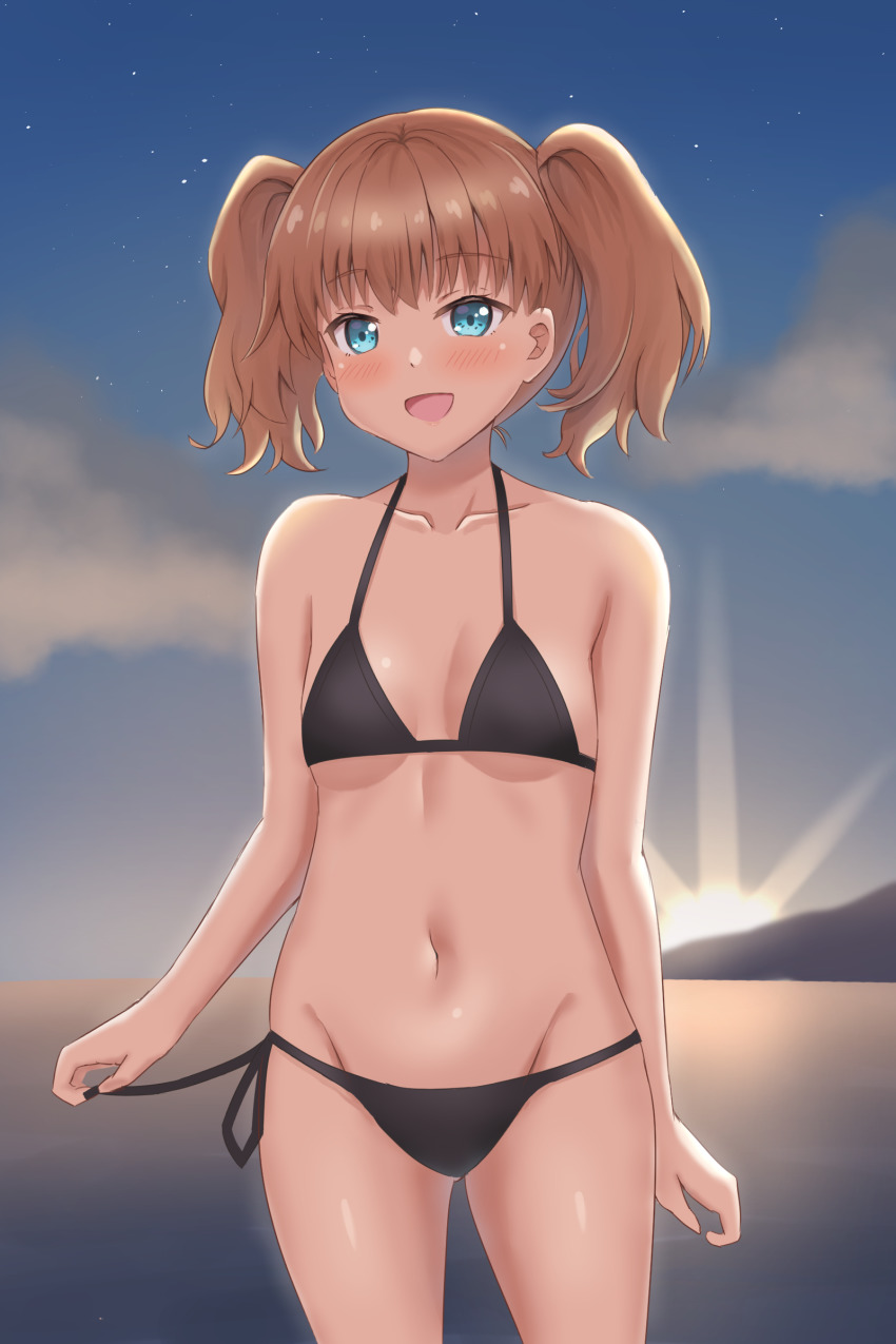 1girl absurdres alice_cartelet bikini black_bikini blonde_hair blue_eyes blush breasts cleavage female_focus highres horizon kin-iro_mosaic looking_at_viewer outdoors side-tie_bikini_bottom smile solo standing sunset swimsuit twintails