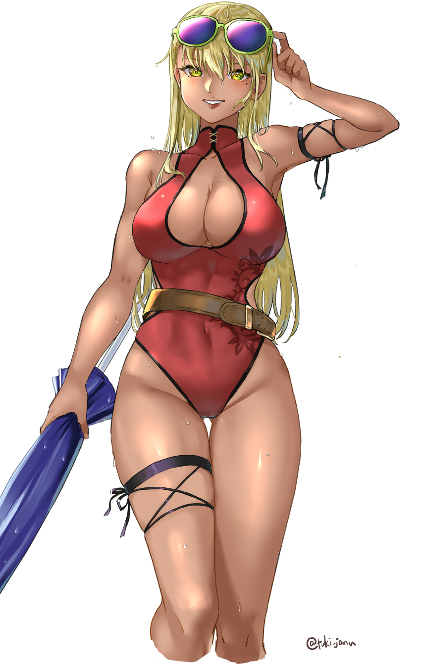 1girl absurdres adjusting_eyewear alternate_costume artist_name belt blonde_hair blue_umbrella breasts cleavage cleavage_cutout clothing_cutout collared_one-piece_swimsuit commentary covered_navel dark-skinned_female dark_skin eyewear_on_head fire_emblem fire_emblem:_the_binding_blade garter_belt gluteal_fold highres holding holding_umbrella igrene_(fire_emblem) large_breasts long_hair looking_at_viewer mole mole_under_eye nintendo one-piece_swimsuit red_one-piece_swimsuit simple_background smile solo sunglasses swimsuit tinted_eyewear tsukimura_(d24f4z8j3t) umbrella water_drop wet white_background yellow_eyes