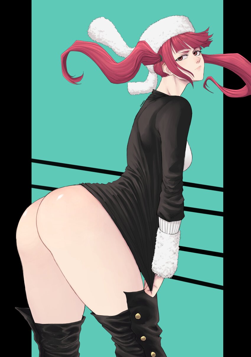 1girl absurdres ass bleach blunt_bangs boots brown_eyes closed_mouth clothes_pull commentary dokugamine_riruka hat highres limn044 long_hair looking_at_viewer no_panties public_indecency public_nudity red_hair shiny_skin solo thigh_boots twintails