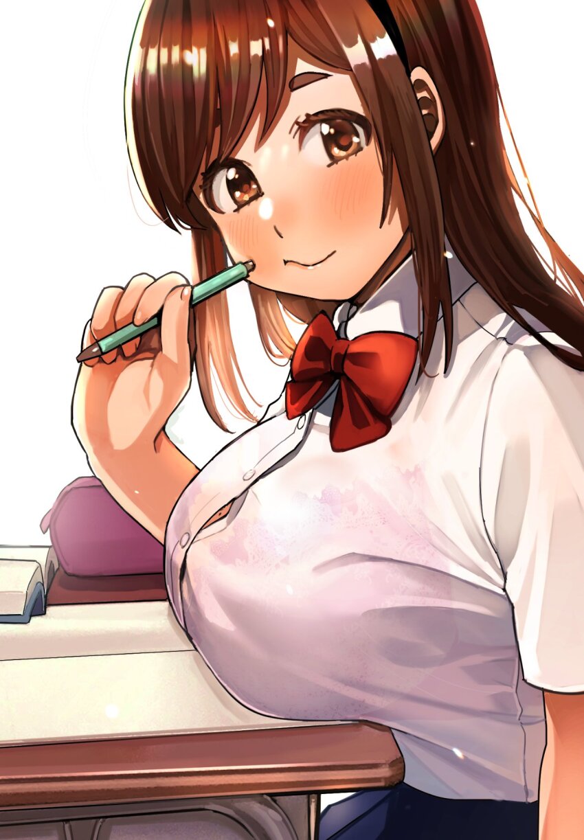 1girl blue_skirt blush book bra bra_visible_through_clothes breast_rest breasts breasts_on_table brown_eyes brown_hair button_gap closed_mouth commentary_request desk highres large_breasts long_hair looking_at_viewer looking_to_the_side neck_ribbon nobukuni_nodoka open_book pen_to_mouth pencil_case pink_bra pov red_ribbon ribbon school_desk school_uniform sitting skirt solo tonari_no_nobukuni-san_wa_ore_no_koto_ga_suki_na_ki_ga_suru underwear upper_body white_background yasuda_kousuke