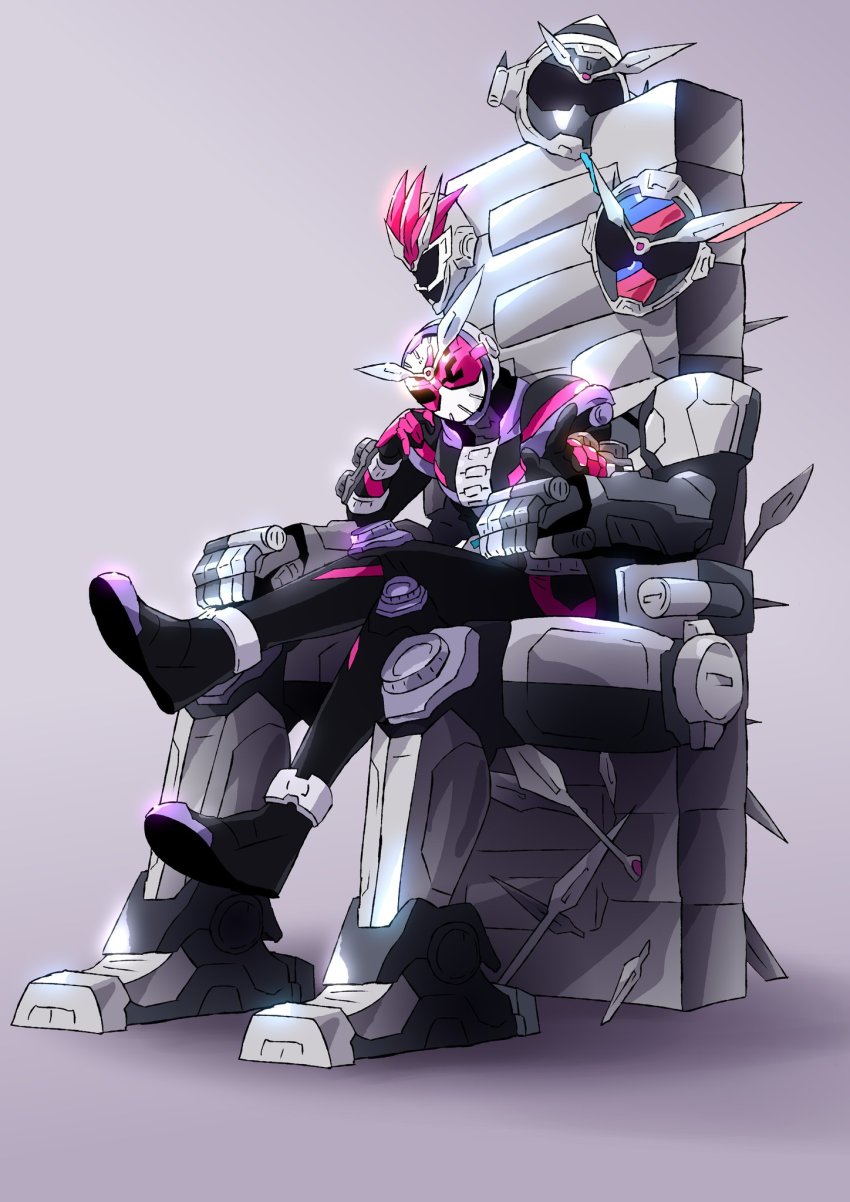 1boy armor astronaut base_states black_footwear build_armor chain clock_hands crossed_legs ex-aid_armor fourze_armor helmet highres index_finger_raised kamen_rider kamen_rider_zi-o kamen_rider_zi-o_(series) katakana mighty_action_x_level_2 otokamu pink_eyes pink_hair rabbit+tank_form red_armor rocket sitting throne vambraces watch wristwatch