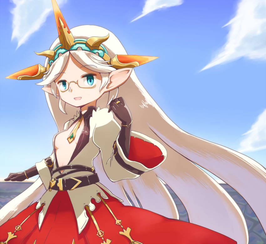 10s 1girl aqua_eyes black_gloves center_opening day dress female_focus glasses gloves granblue_fantasy harvin long_hair necktie neri_gozu pointy_ears sky solo very_long_hair white_hair wide_sleeves zahlhamelina