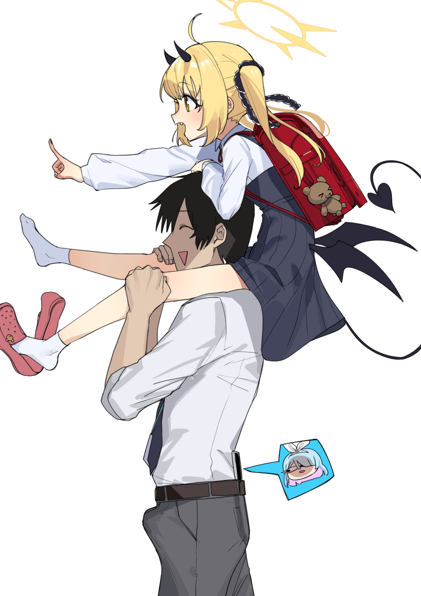 1boy 1girl absurdres ahoge backpack bag black_hair black_horns black_necktie black_pants black_skirt black_wings blonde_hair blue_archive bongnom carrying commentary_request demon_girl demon_tail demon_wings from_side halo highres horns ibuki_(blue_archive) medium_hair necktie pants profile randoseru school_uniform sensei_(blue_archive) shirt short_hair shoulder_carry simple_background skirt socks tail white_background white_shirt white_socks wings yellow_eyes yellow_halo