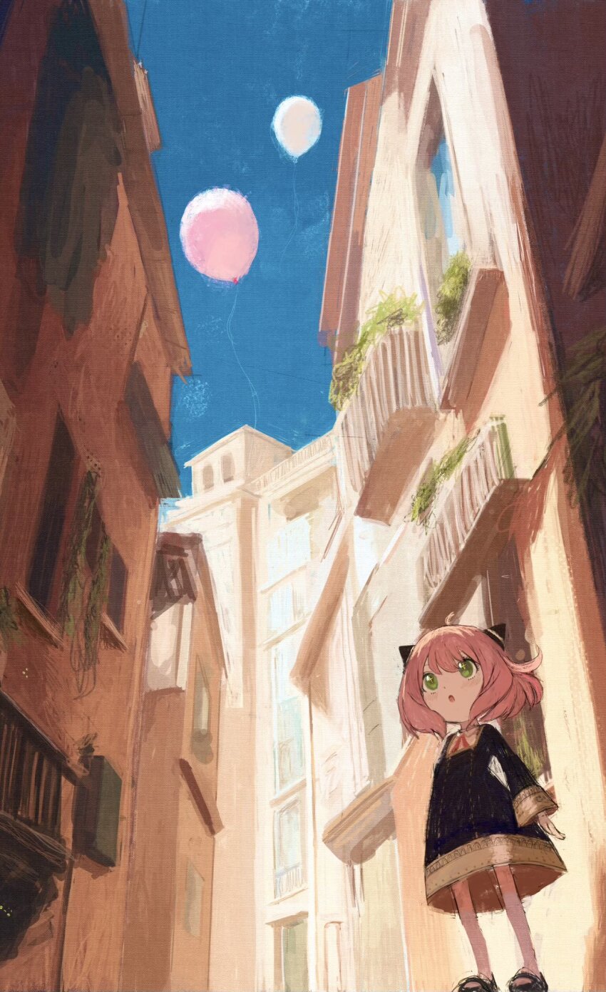 1girl :o anya_(spy_x_family) balloon black_dress black_footwear blue_sky building child dress fuyumurasaki green_eyes hairpods highres house looking_up pink_hair plant short_hair sky solo spy_x_family